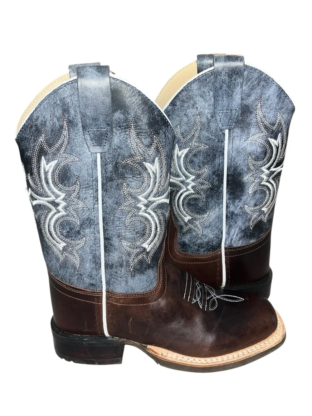 Old West Boys Square Toe Brown Leather Cowboy Boots - Size 13D